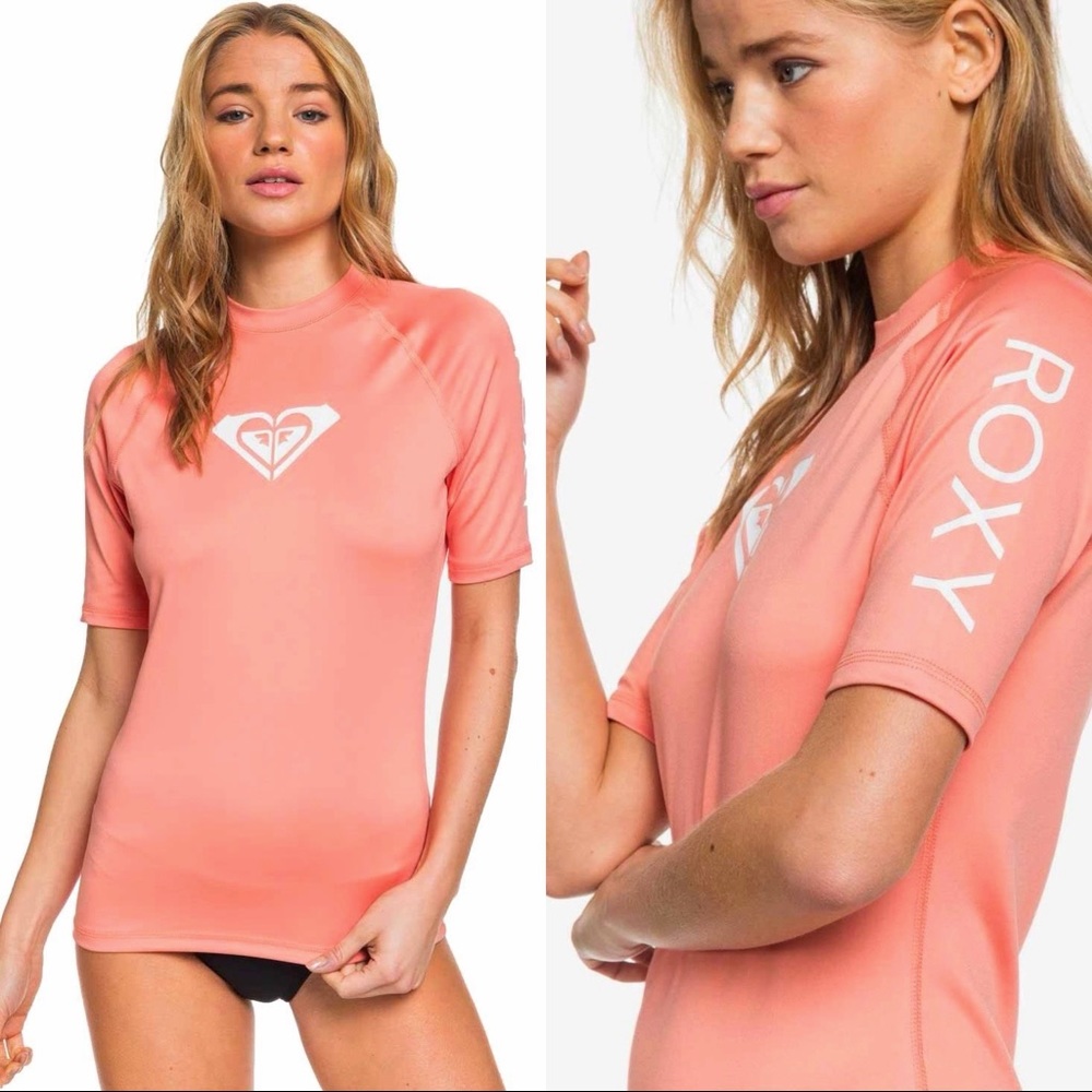 ROXY Whole Hearted Short Sleeve UPF 50 Rash Guard Rashguard Fusion Coral Small